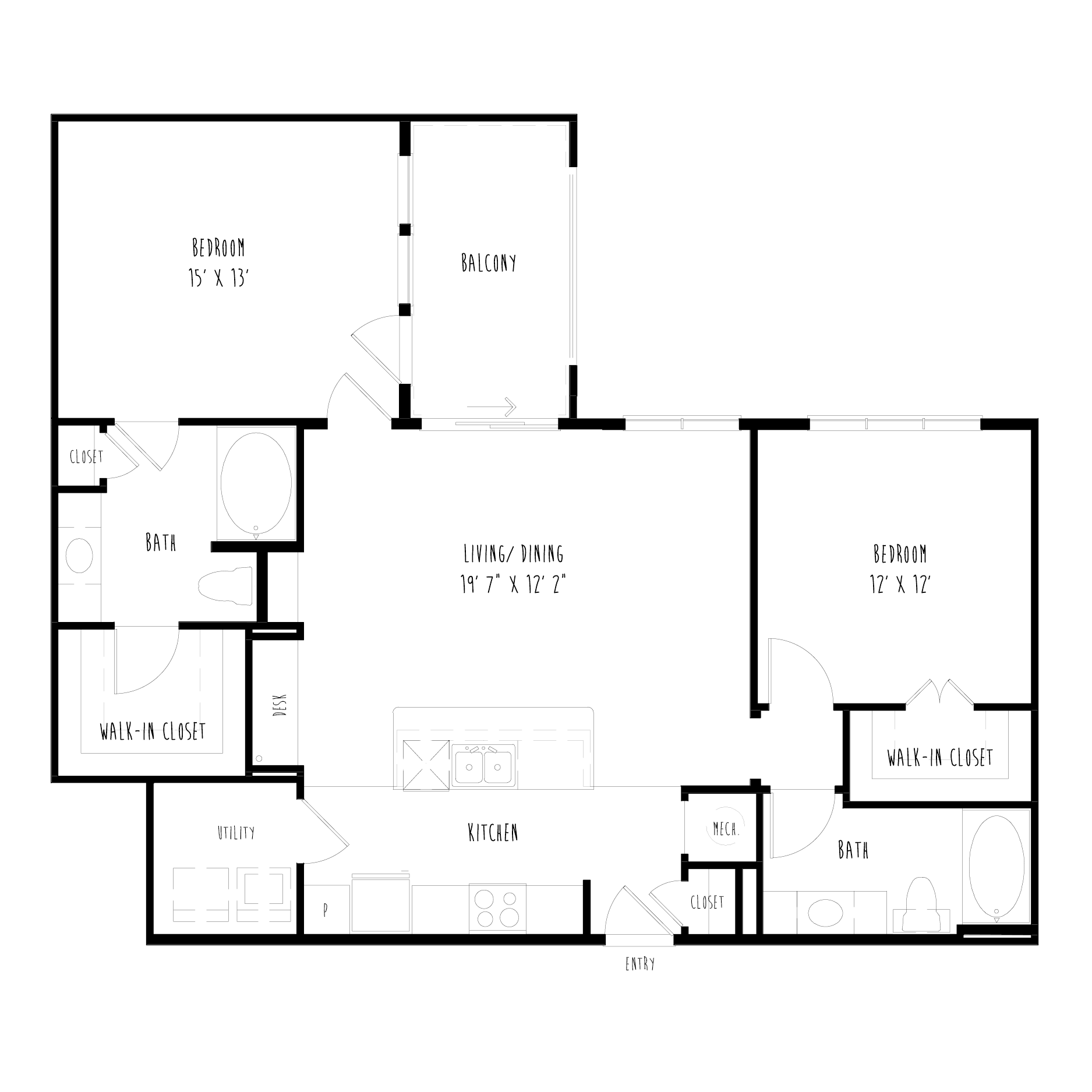 Floor plan for 2 beds, 2 baths, 1174 sqft