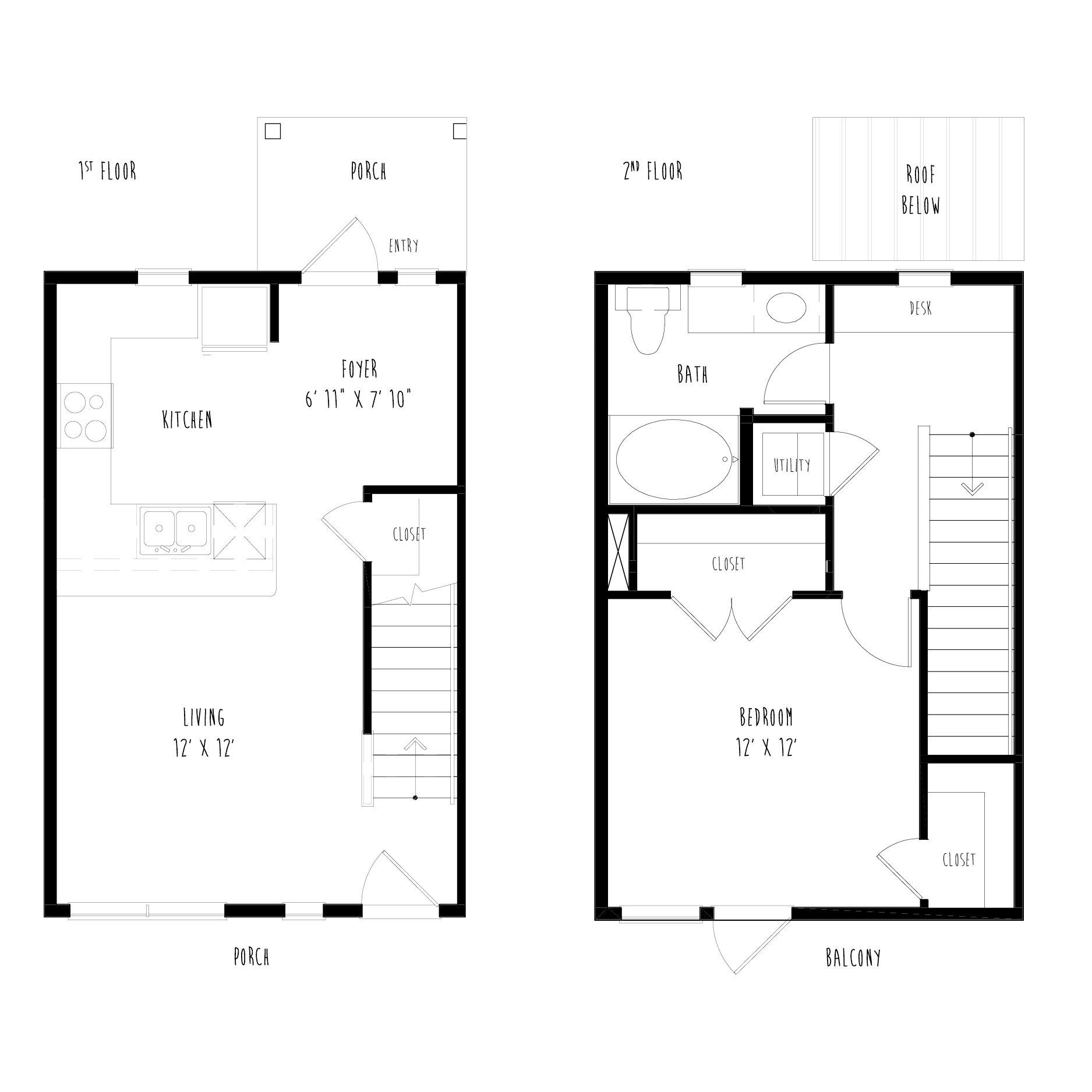 Floor plan for 1 bed, 1 bath, 840 sqft