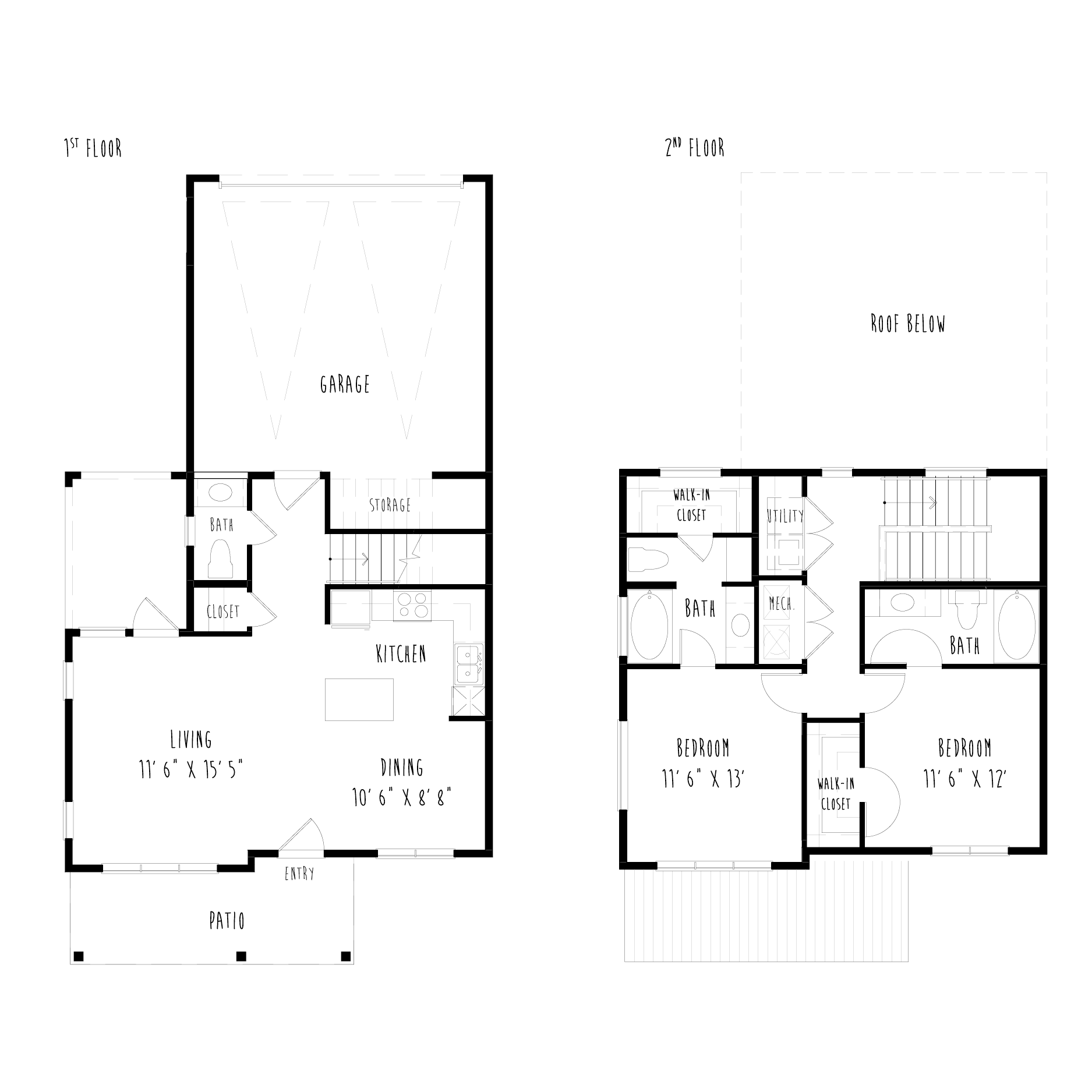Floor plan for 2 beds, 2.5 baths, 1311 sqft