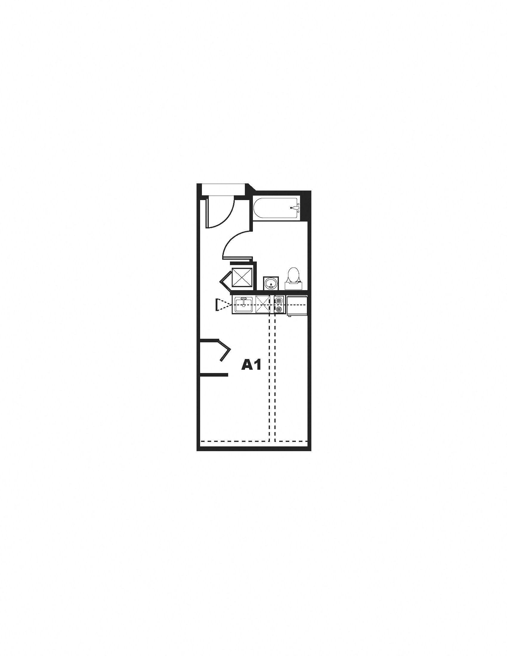 Floor plan for studio, 1 bath, 343 sqft