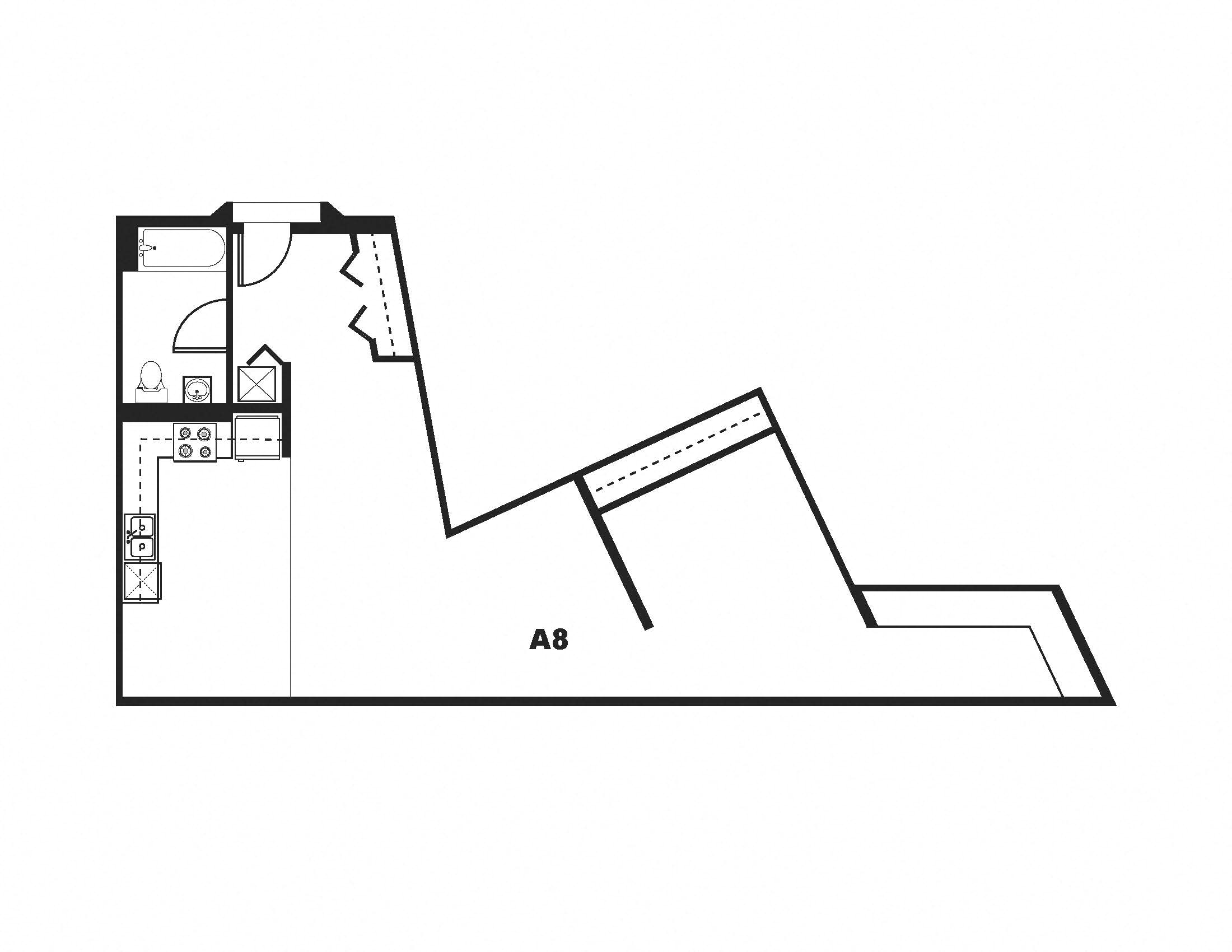Floor plan for 1 bed, 1 bath, 913 sqft
