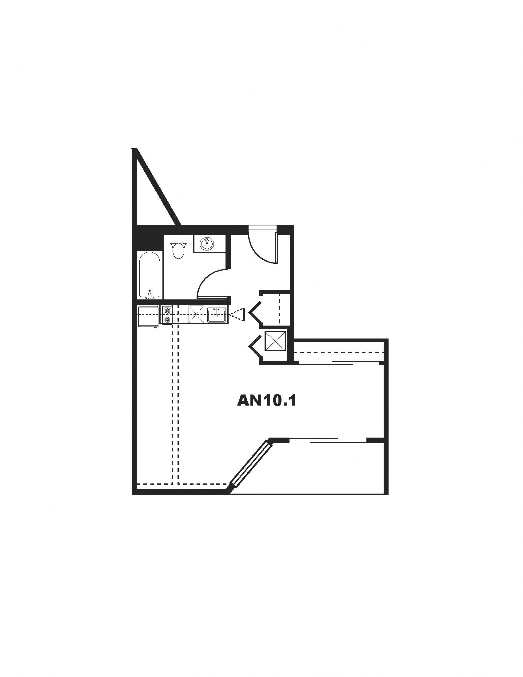 Floor plan for 1 bed, 1 bath, 621 sqft
