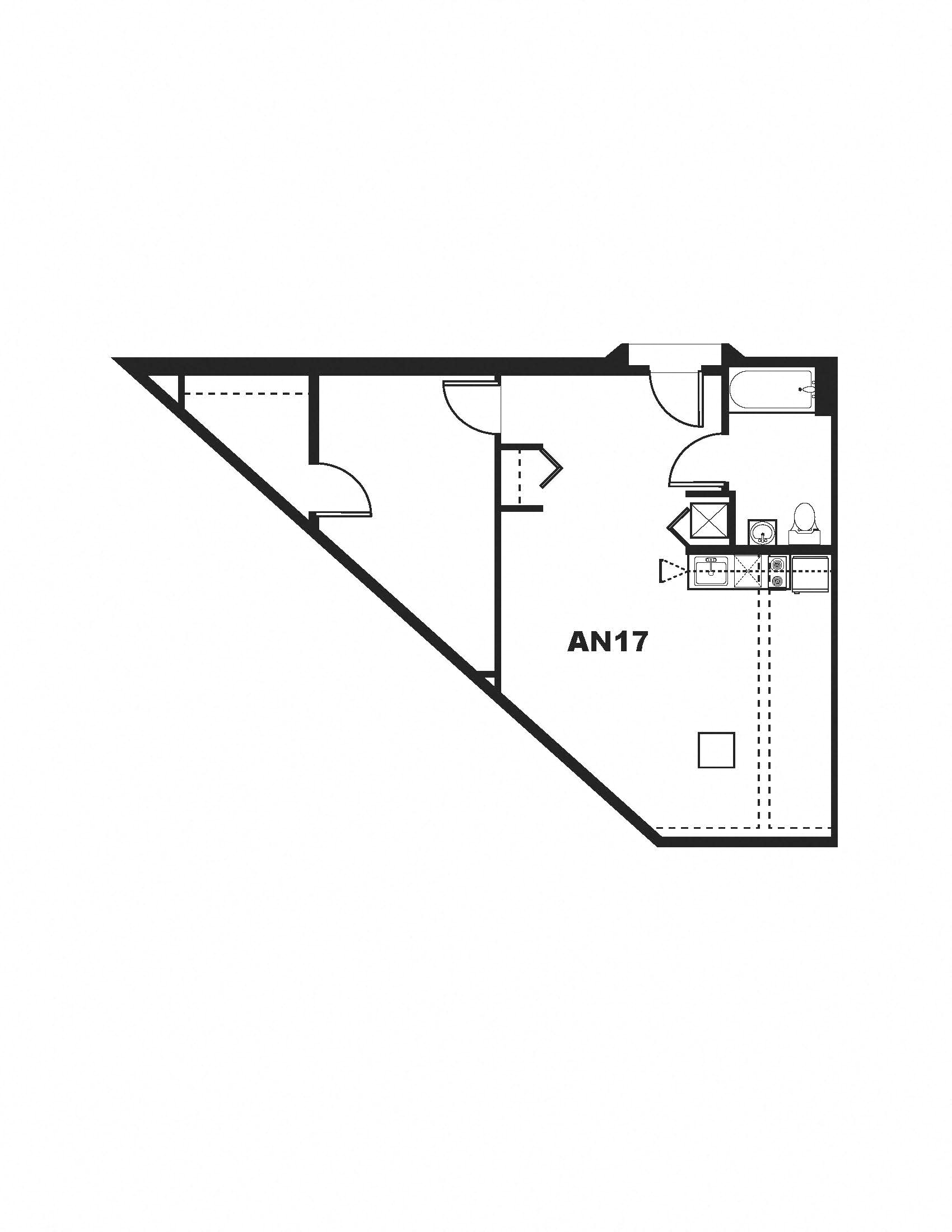 Floor plan for 1 bed, 1 bath, 722 sqft