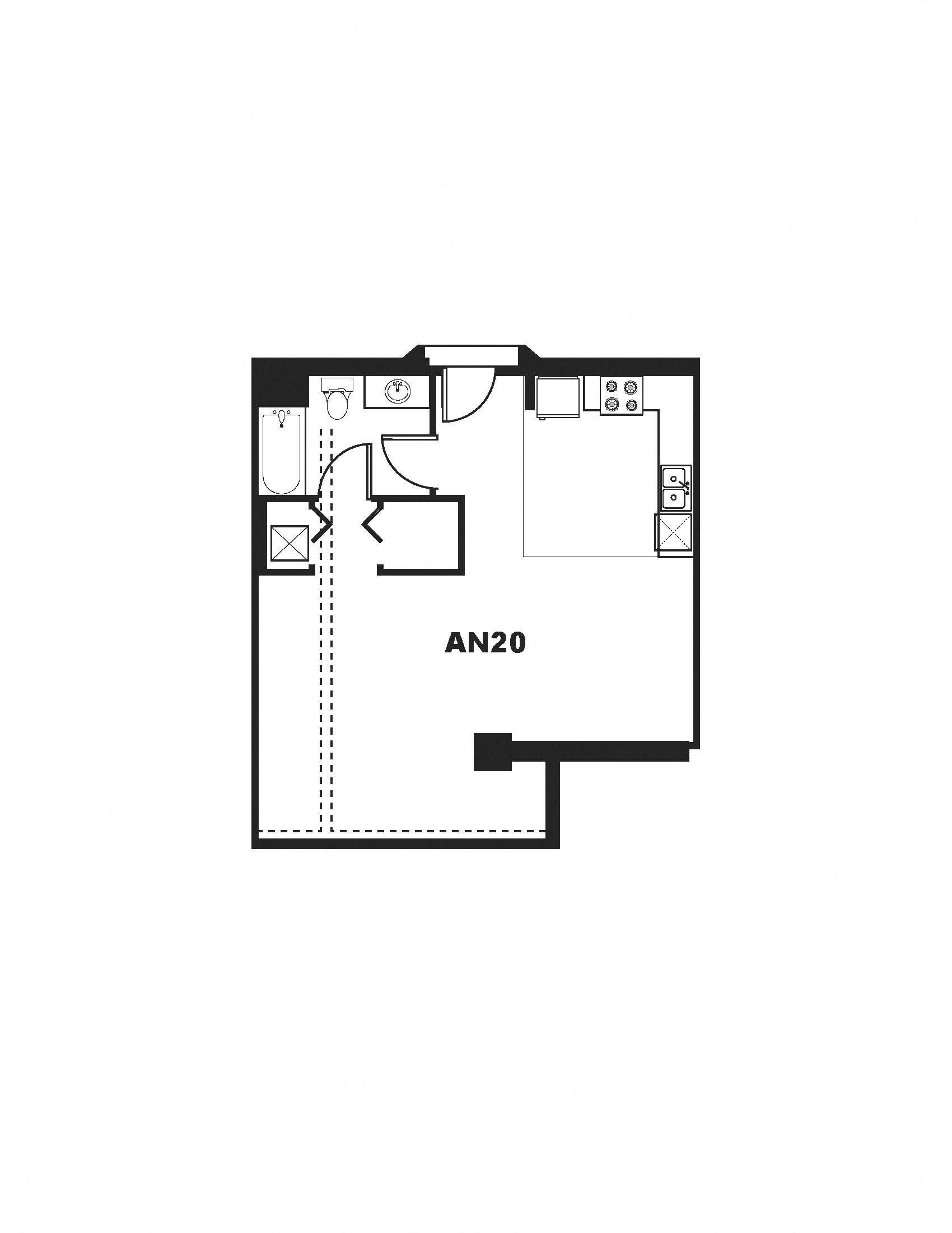 Floor plan for studio, 1 bath, 670 sqft