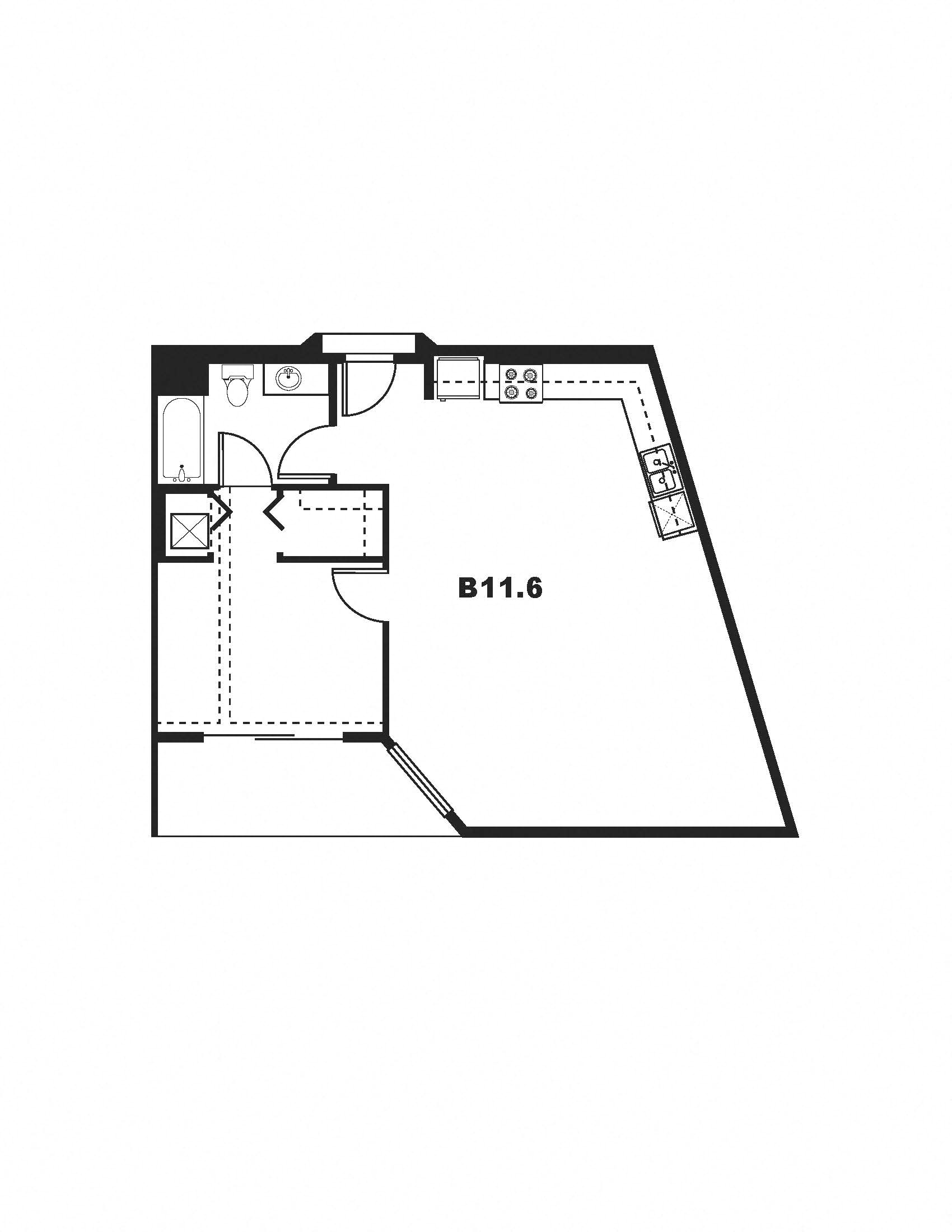 Floor plan for 1 bed, 1 bath, 890 sqft