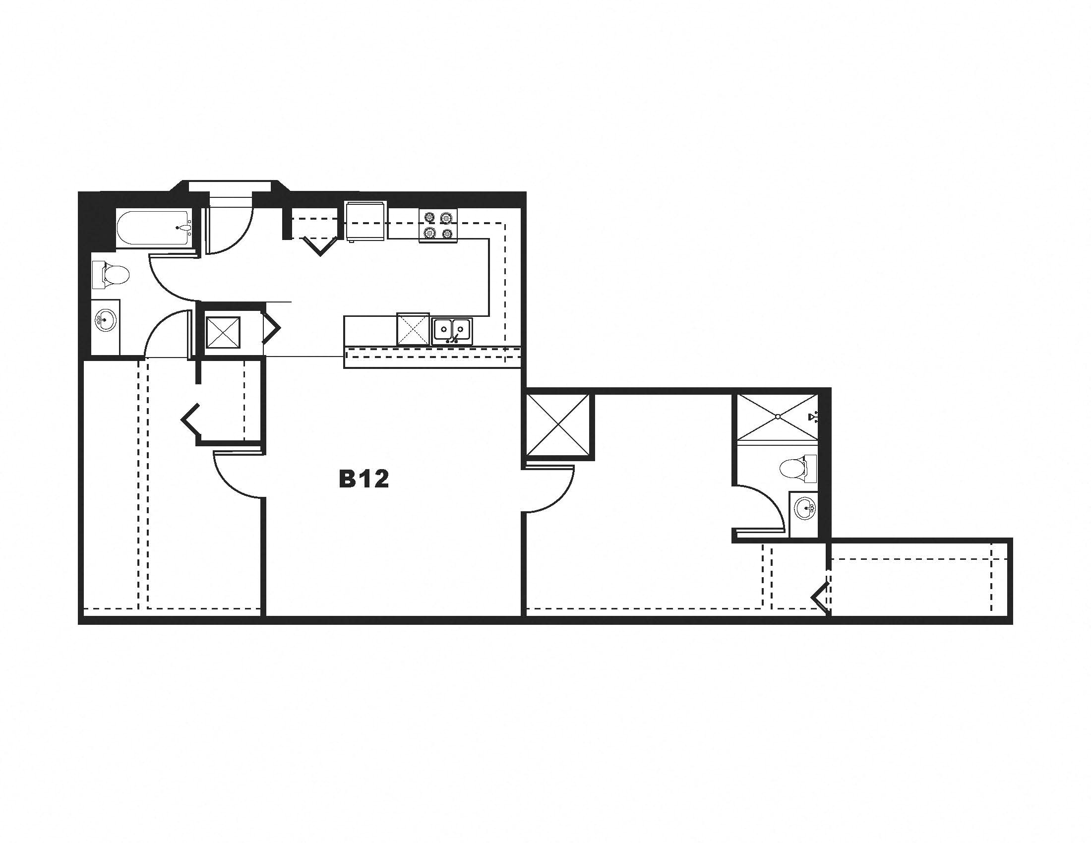 Floor plan for 2 beds, 2 baths, 1103 sqft