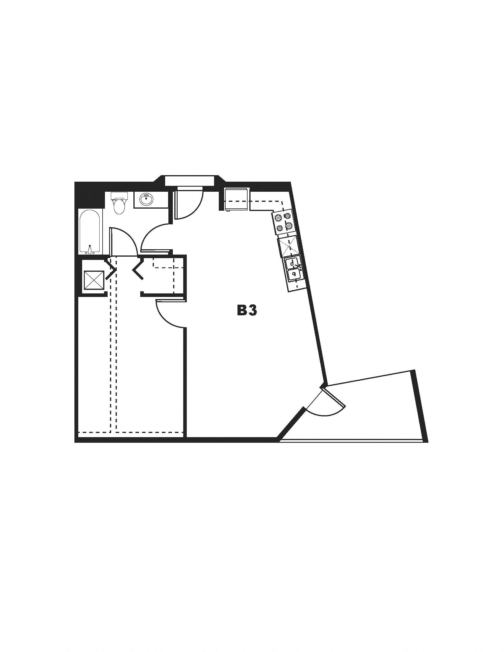 Floor plan for 1 bed, 1 bath, 703 sqft