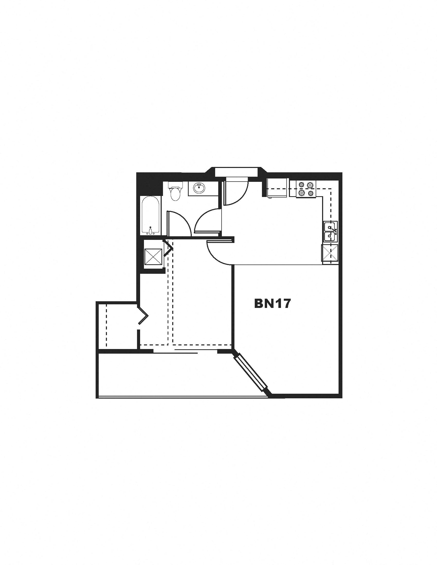 Floor plan for 1 bed, 1 bath, 690 sqft
