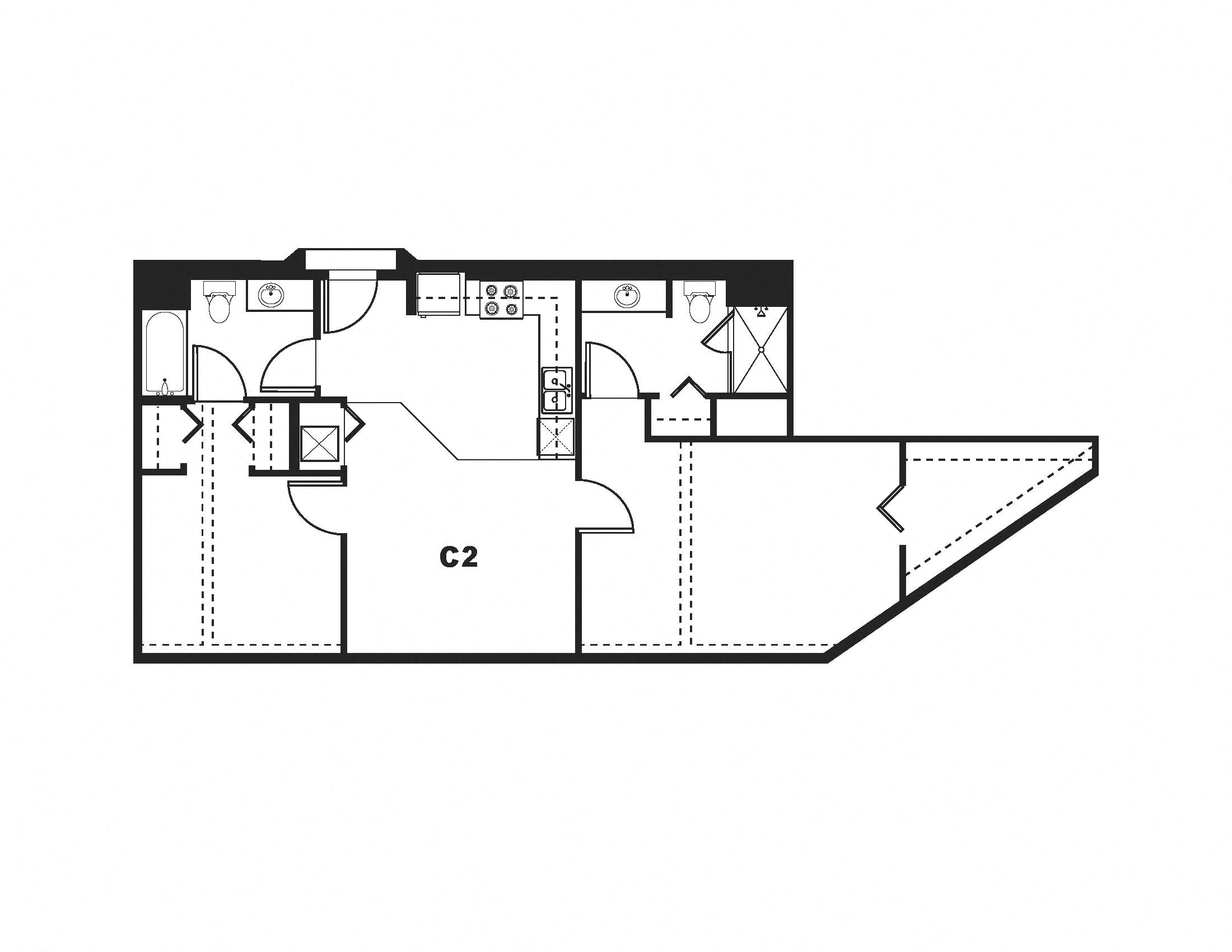 Floor plan for 2 beds, 2 baths, 1002 sqft