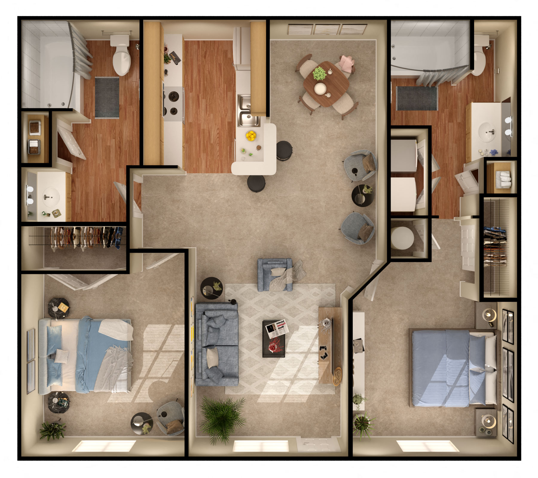 Floor plan for 2 beds, 2 baths, 925 sqft