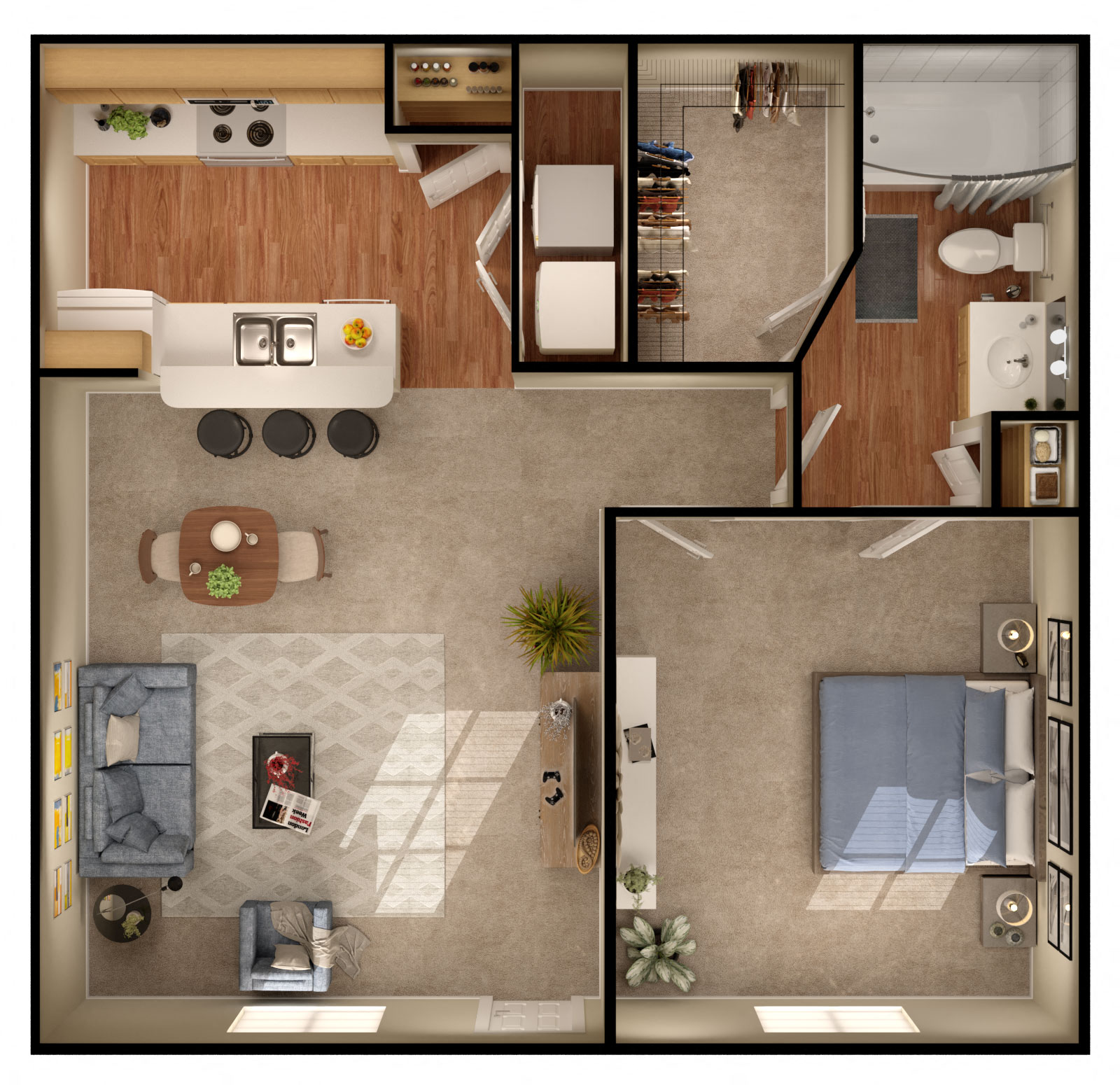 Floor plan for 1 bed, 1 bath, 925 sqft