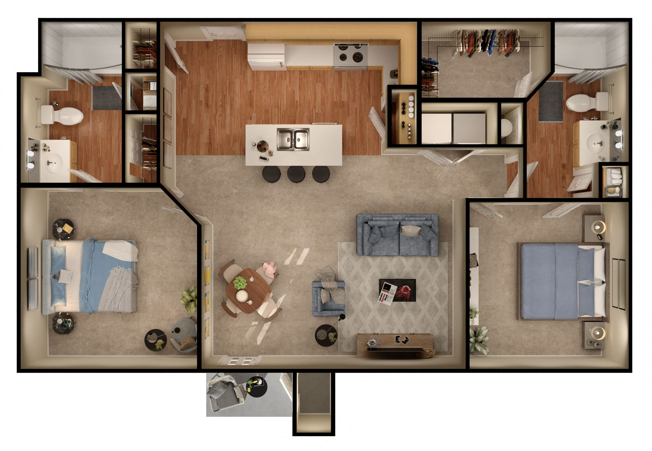 Floor plan for 2 beds, 2 baths, 1044 sqft