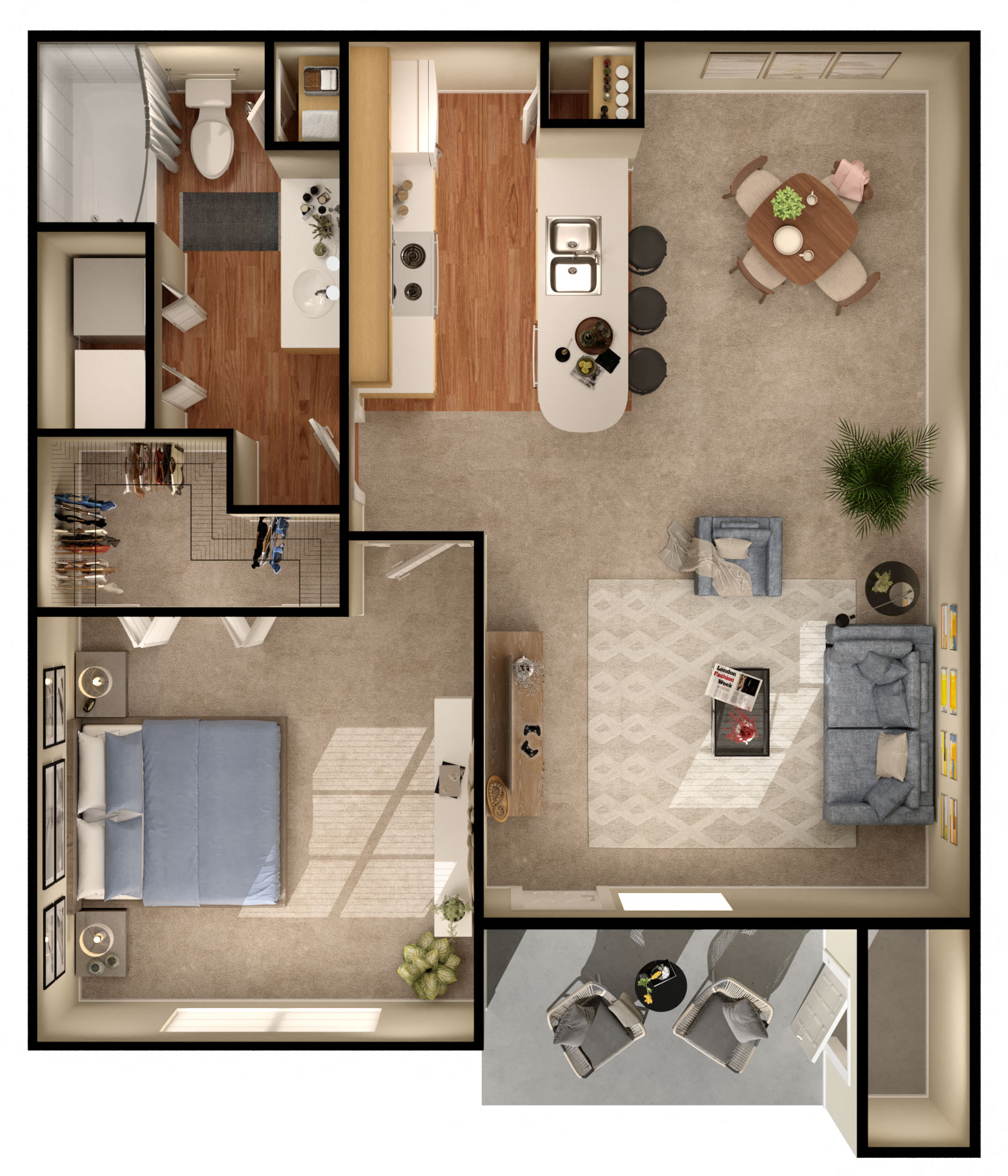 Floor plan for 1 bed, 1 bath, 741 sqft
