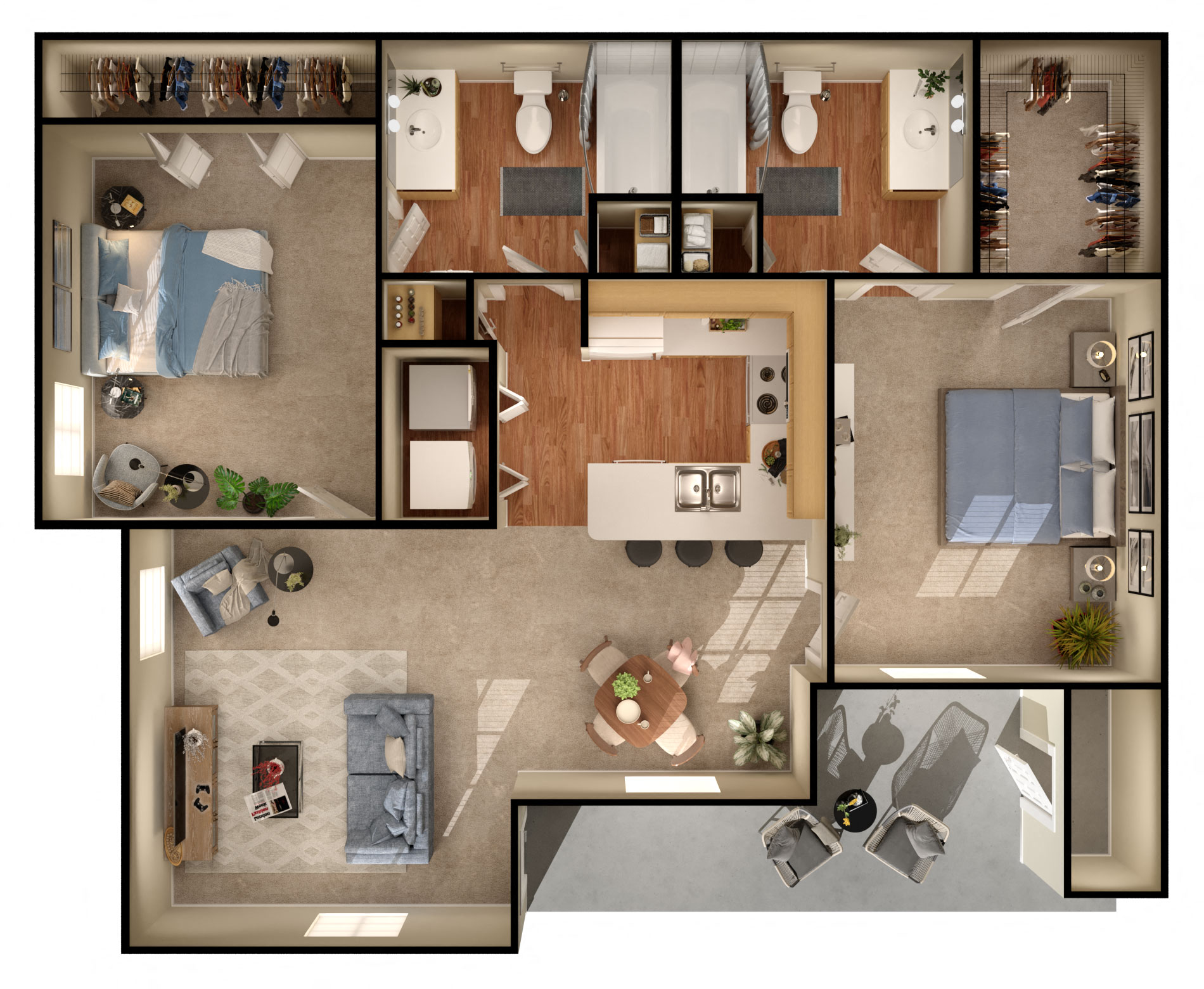 Floor plan for 2 beds, 2 baths, 962 sqft