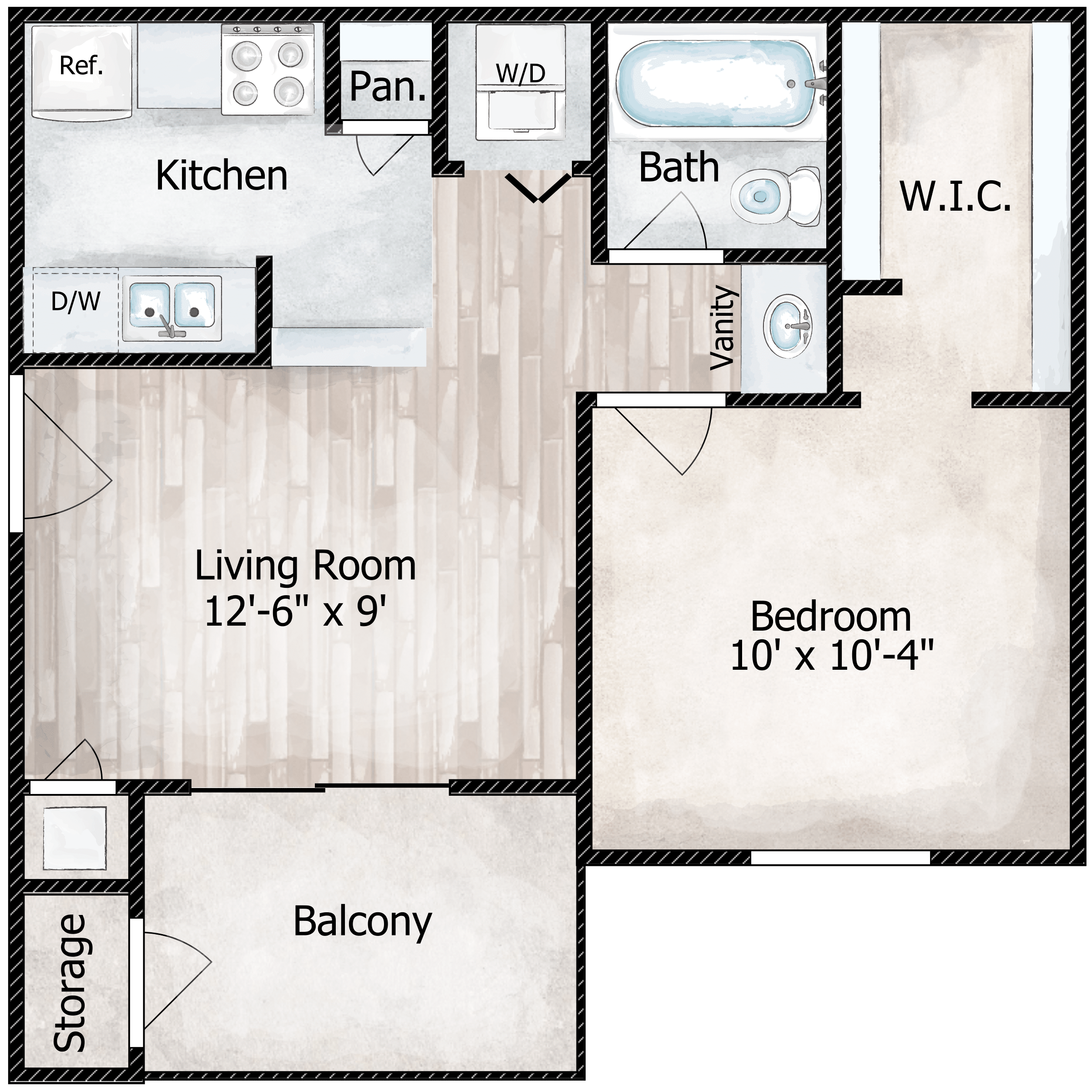 Floor plan for 1 bed, 1 bath, 449 sqft