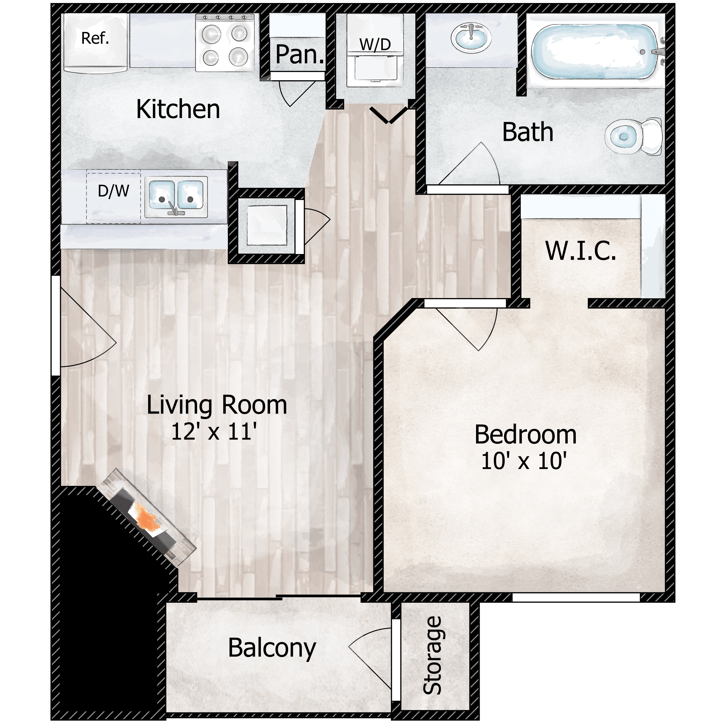 Floor plan for 1 bed, 1 bath, 462 sqft