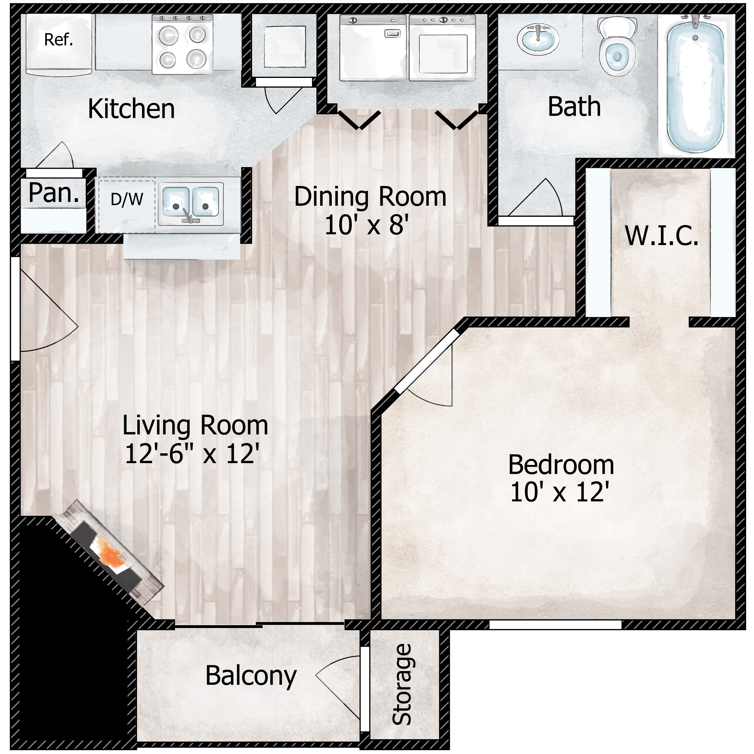 Floor plan for 1 bed, 1 bath, 538 sqft