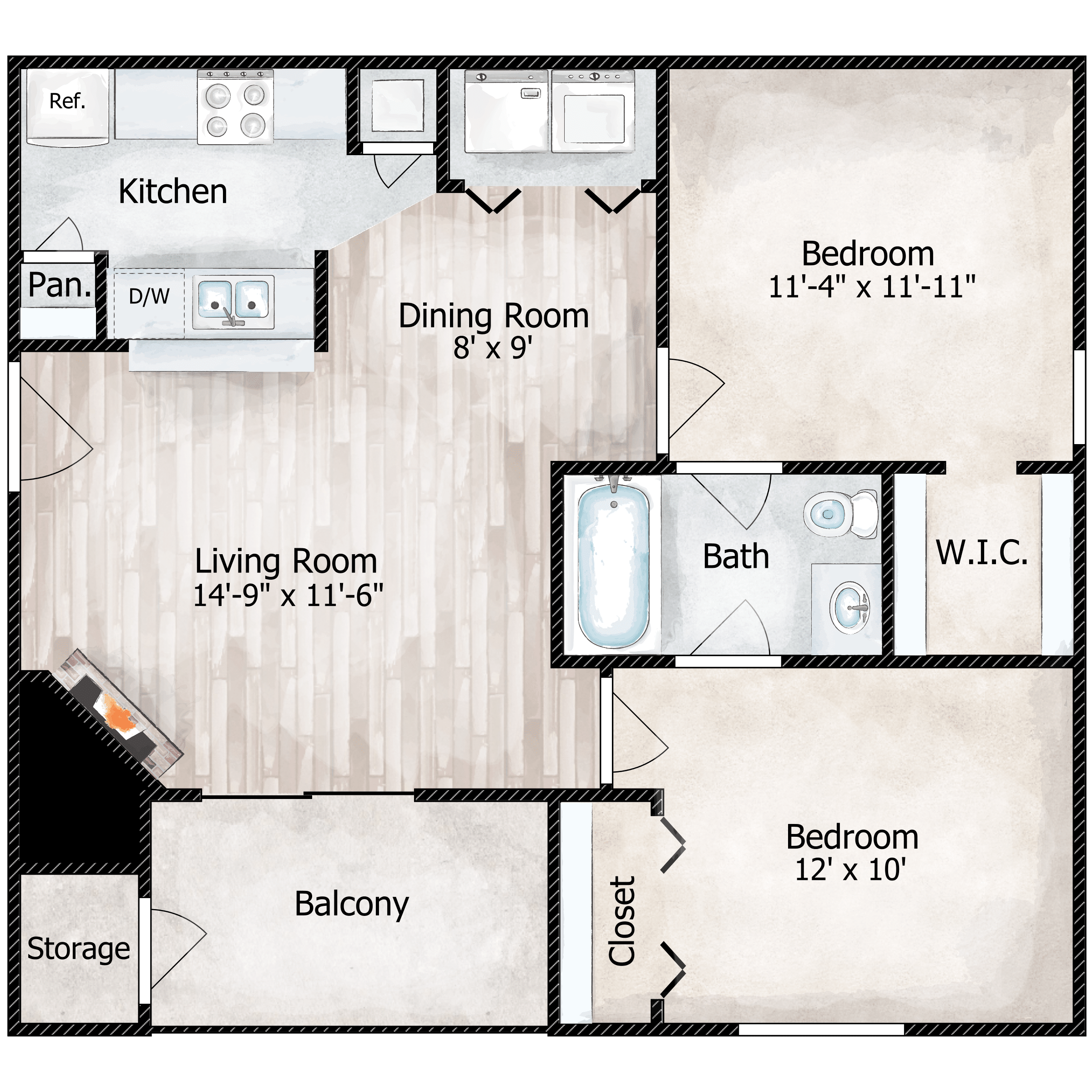 Floor plan for 2 beds, 1 bath, 705 sqft