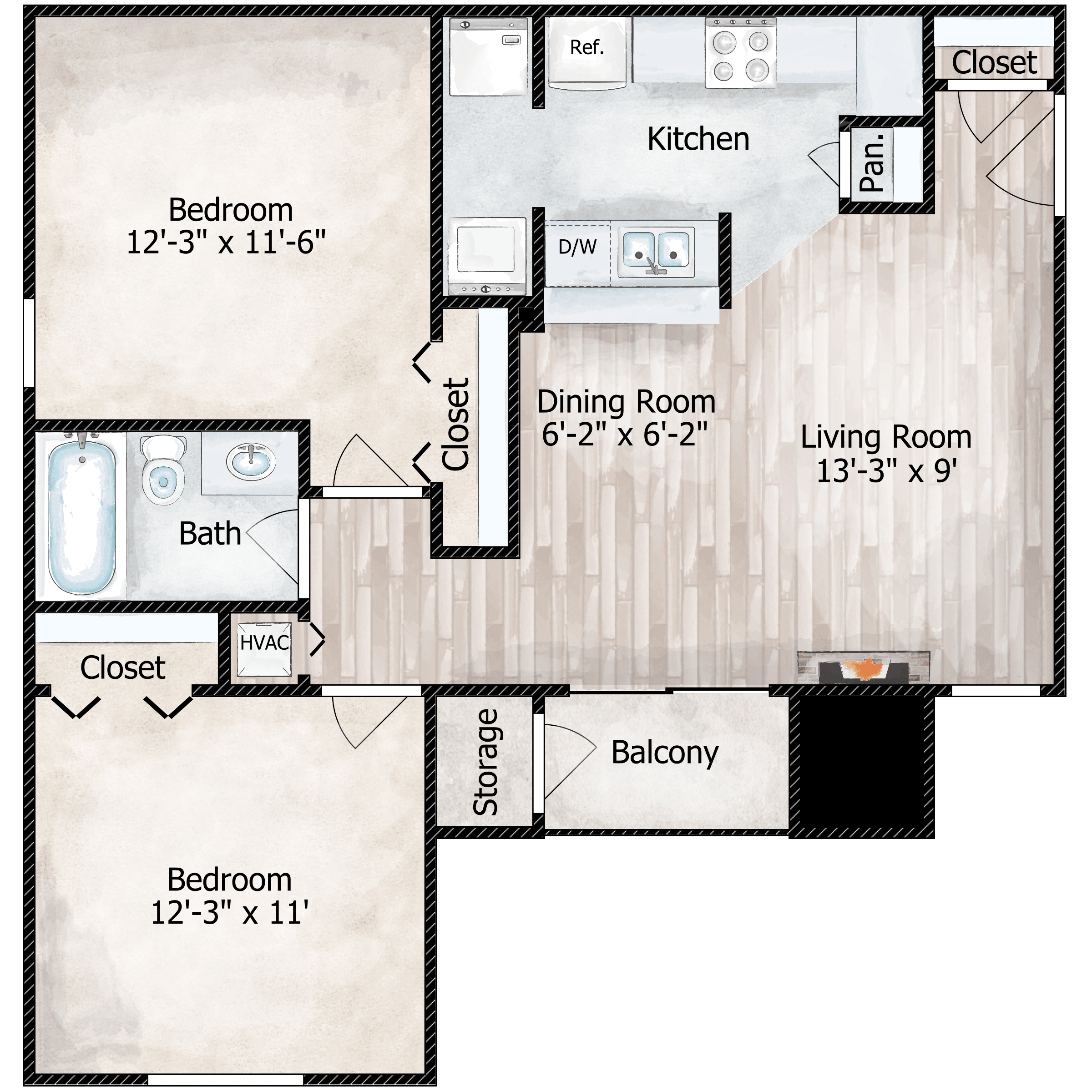 Floor plan for 2 beds, 1 bath, 735 sqft