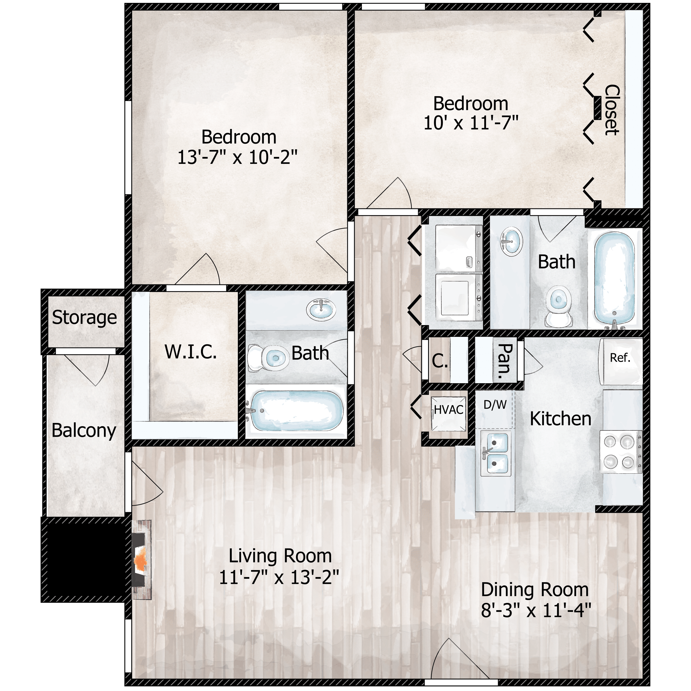 Floor plan for 2 beds, 2 baths, 825 sqft