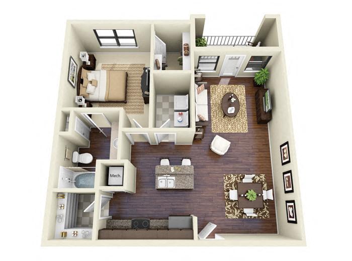 Floor plan for 1 bed, 1 bath, 882 sqft