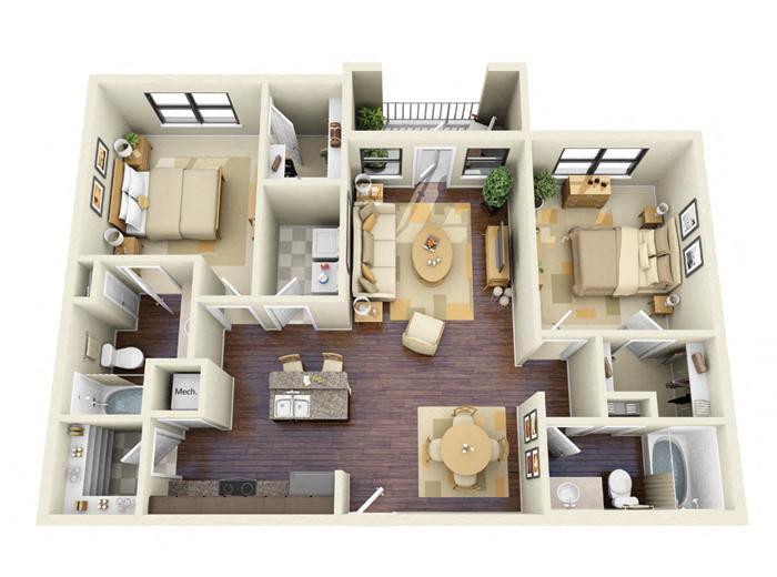 Floor plan for 2 beds, 2 baths, 1162 sqft