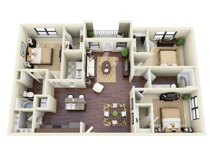 Floor plan for 3 beds, 2 baths, 1378 sqft