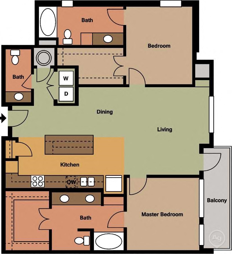 Floor plan for 2 beds, 2.5 baths, 1238 sqft