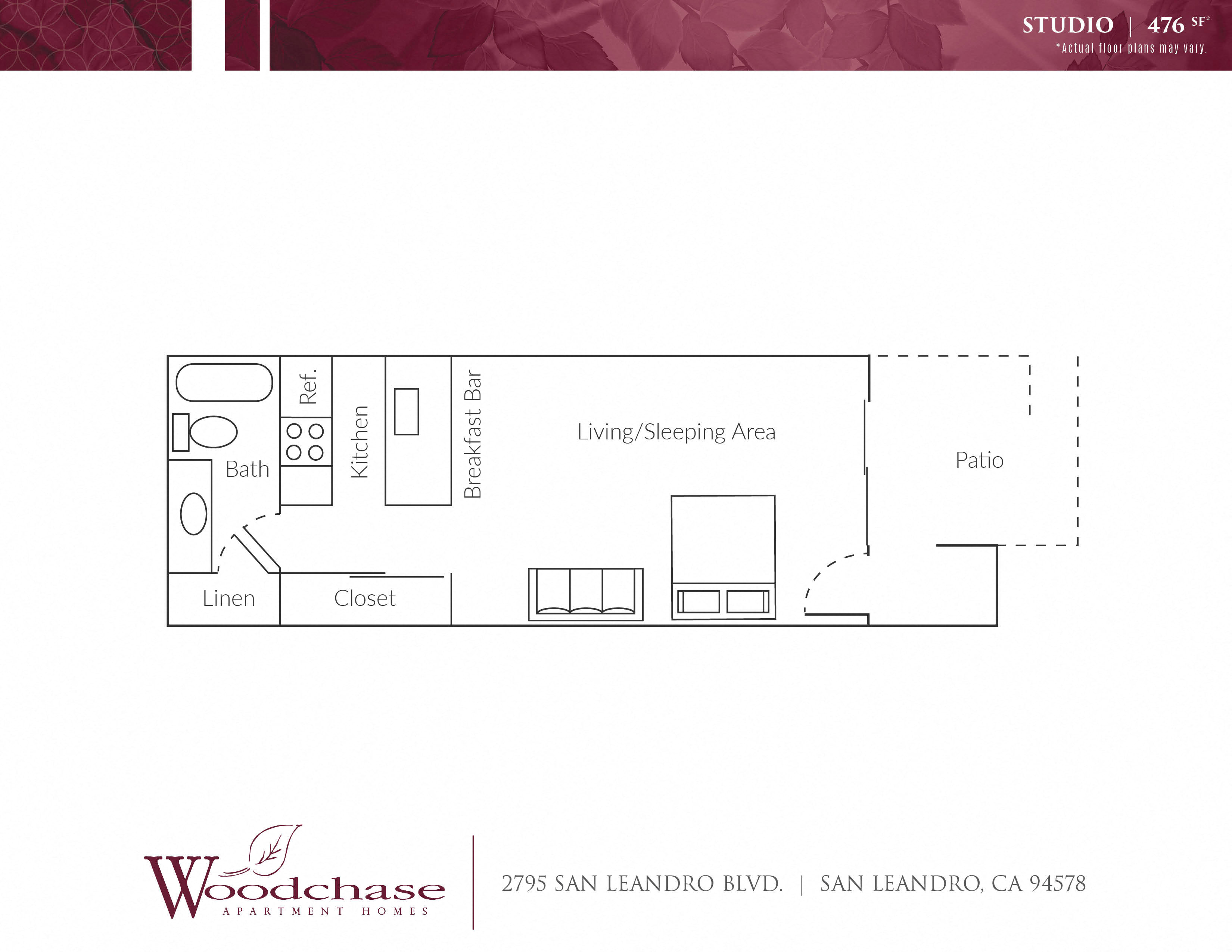 Floor plan for studio, 1 bath, 476 sqft