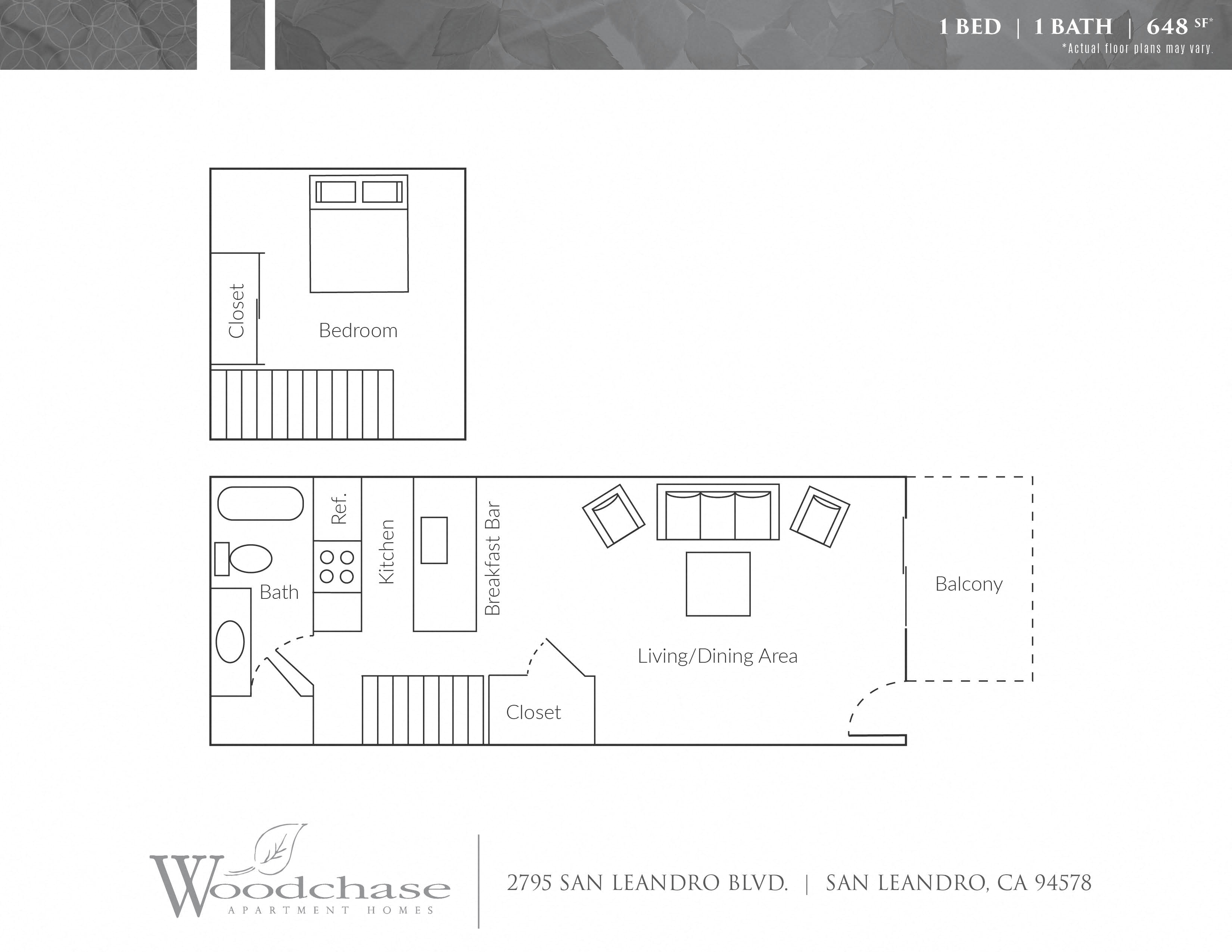 Floor plan for 1 bed, 1 bath, 648 sqft