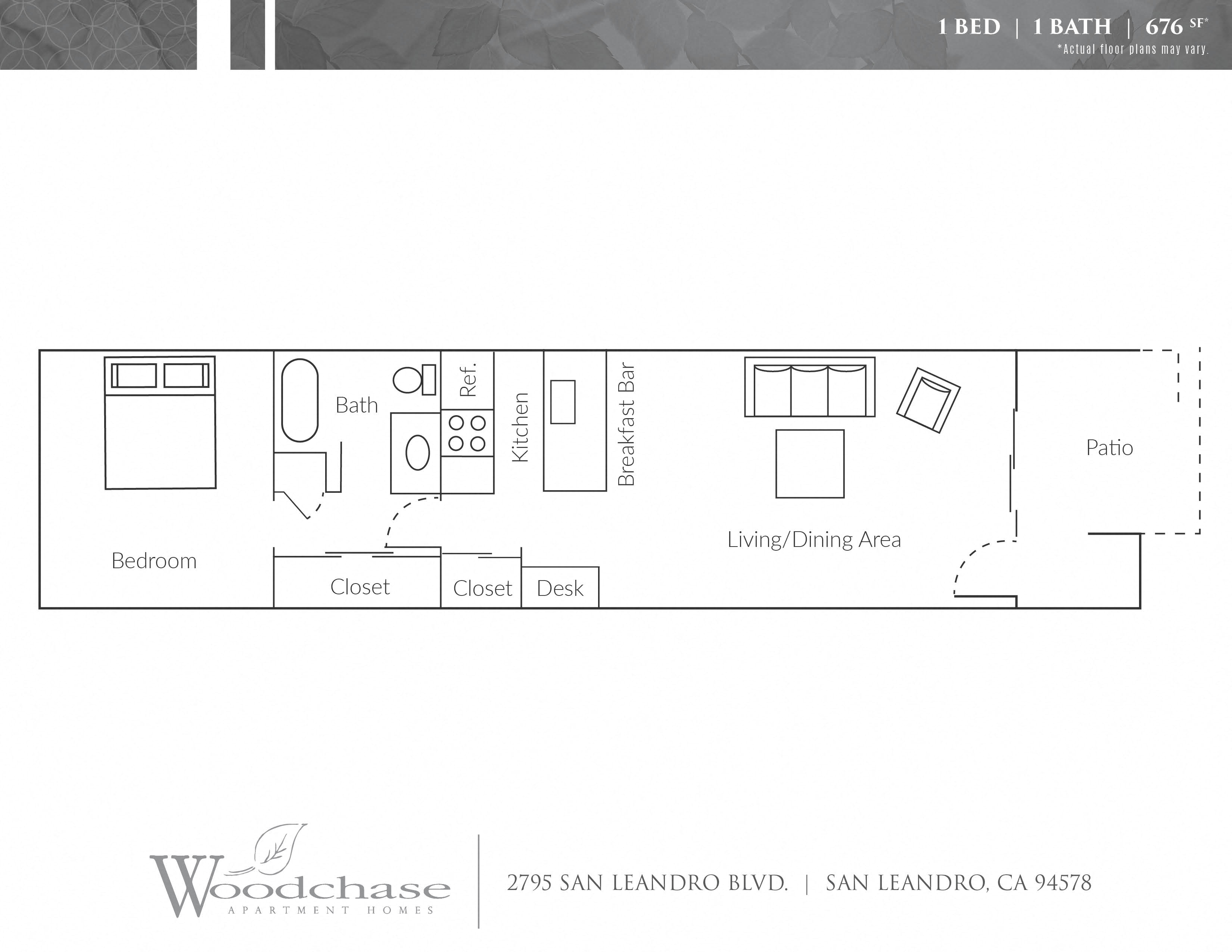 Floor plan for 1 bed, 1 bath, 676 sqft
