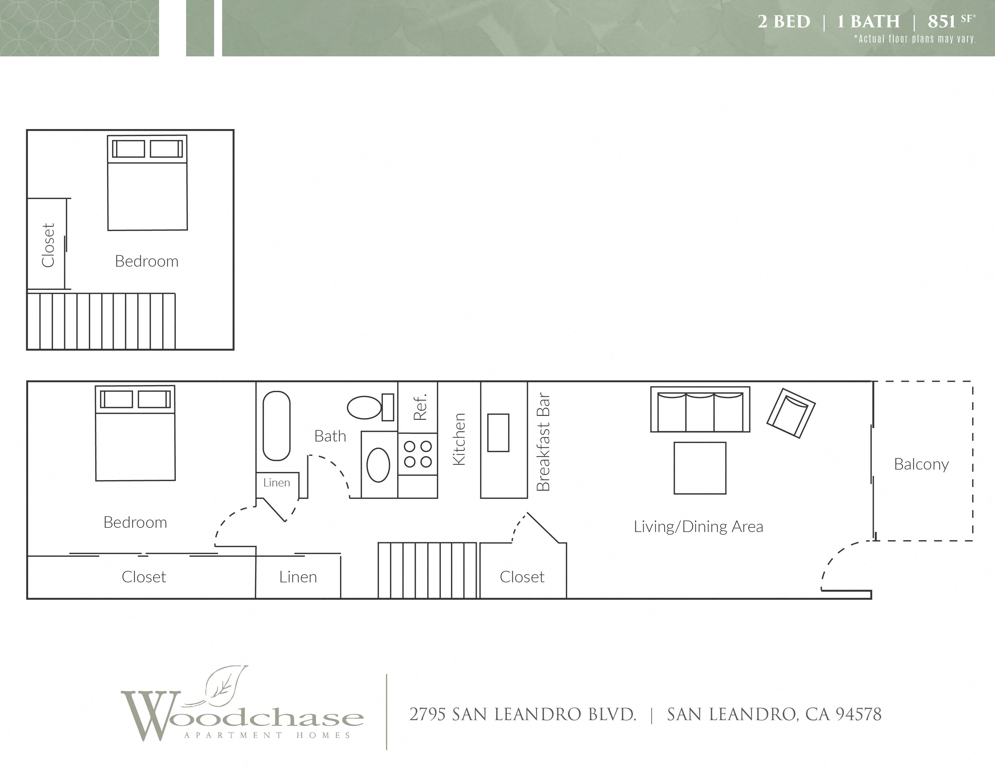Floor plan for 2 beds, 1 bath, 851 sqft