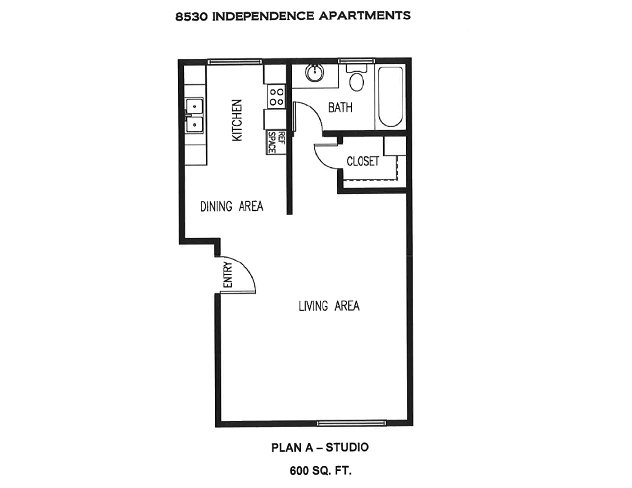 Floor plan for studio, 1 bath, 650 sqft