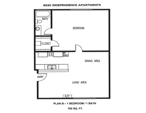 Floor plan for 1 bed, 1 bath, 750 sqft