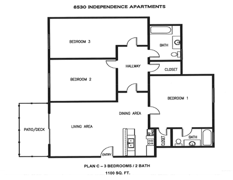 Floor plan for 3 beds, 2 baths, 1100 sqft