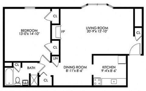 Floor plan for 1 bed, 1 bath, 800 sqft