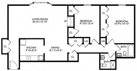Floor plan for 2 beds, 1.5 baths, 1050 sqft