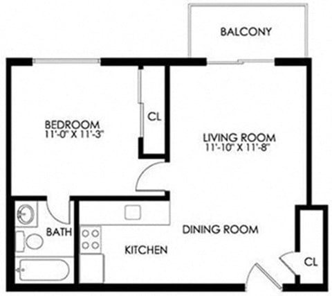 Floor plan for 1 bed, 1 bath, 535 sqft
