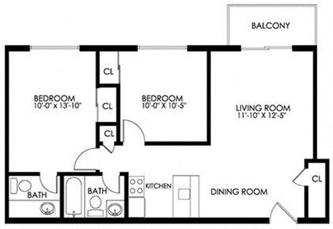 Floor plan for 2 beds, 1.5 baths, 738 sqft