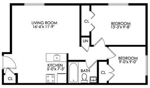 Floor plan for 2 beds, 1 bath, 679 sqft