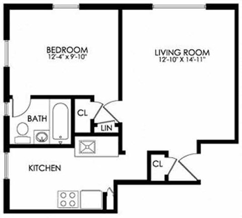 Floor plan for 1 bed, 1 bath, 617 sqft