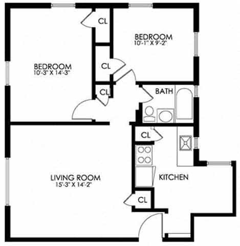 Floor plan for 2 beds, 1 bath, 758 sqft