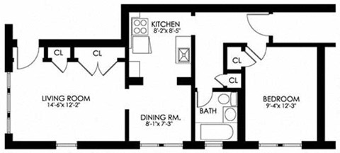 Floor plan for 1 bed, 1 bath, 600 sqft