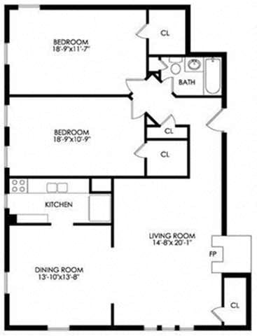 Floor plan for 2 beds, 1 bath, 1100 sqft