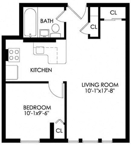 Floor plan for 1 bed, 1 bath, 685 sqft