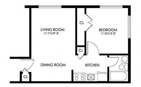 Floor plan for 1 bed, 1 bath, 554 sqft