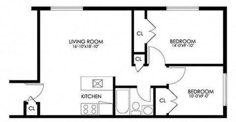 Floor plan for 2 beds, 1 bath, 726 sqft