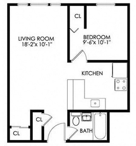 Floor plan for 1 bed, 1 bath, 780 sqft