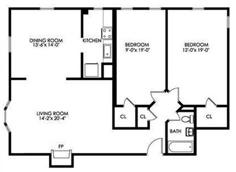 Floor plan for 2 beds, 2 baths, 1255 sqft