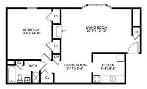 Floor plan for 1 bed, 1 bath, 857 sqft
